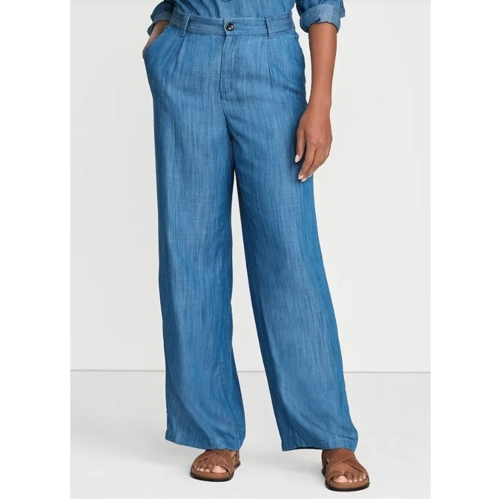Lands End Womens 18W‎ Wide Leg Pants Blue Lyocell Elastic Waist